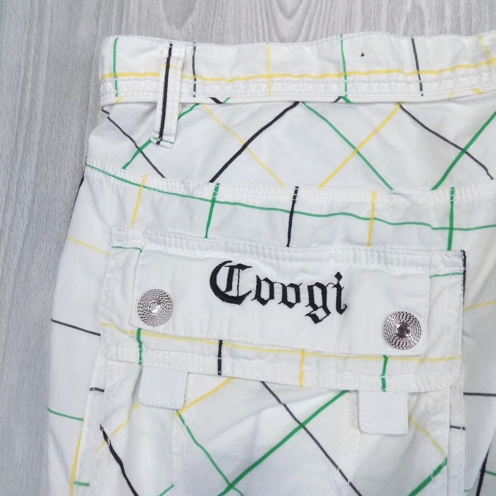 Coogi Vintage Y2K Grid Pattern Cargo Shorts Mens 40 White Green Yellow Baggy
